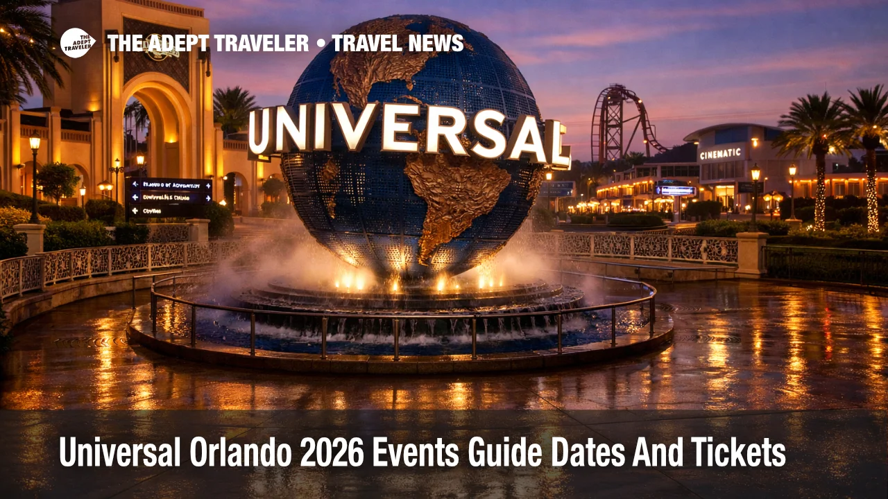 Universal Orlando 2026 events guide helps travelers plan around key dates at the globe entrance plaza at dusk