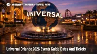 Universal Orlando 2026 events guide helps travelers plan around key dates at the globe entrance plaza at dusk