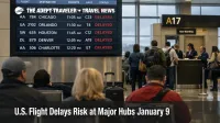 U.S. flight delays January 9 show on an ATL departures board as travelers wait for updated gates and connections