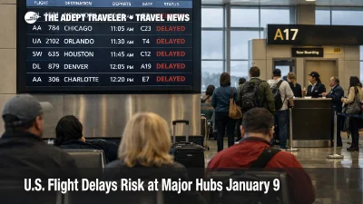 U.S. flight delays January 9 show on an ATL departures board as travelers wait for updated gates and connections