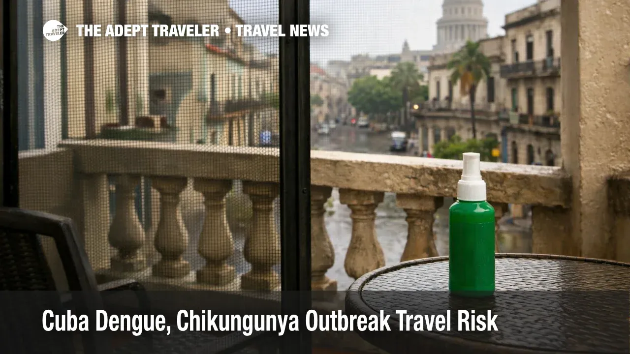 Cuba dengue chikungunya outbreak, repellent on a screened Havana hotel balcony signals higher mosquito bite risk