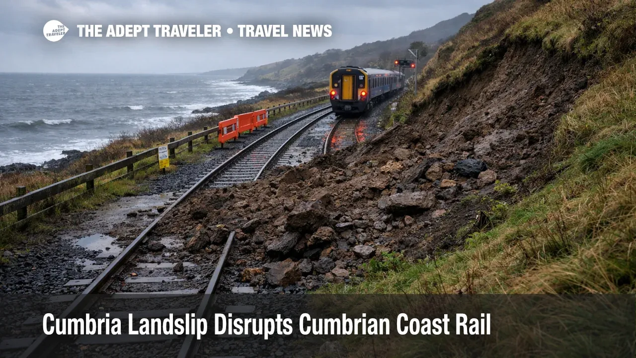 Cumbria landslip rail disruption on the Cumbrian Coast Line shows mud on tracks near Drigg and Seascale