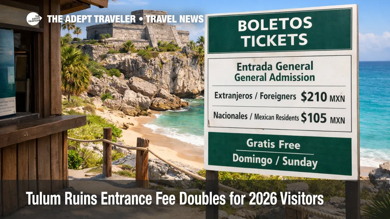 Tulum ruins entrance fee shown at an official ticket sign, with the coastal ruins and sea behind, highlighting higher 2026 costs
