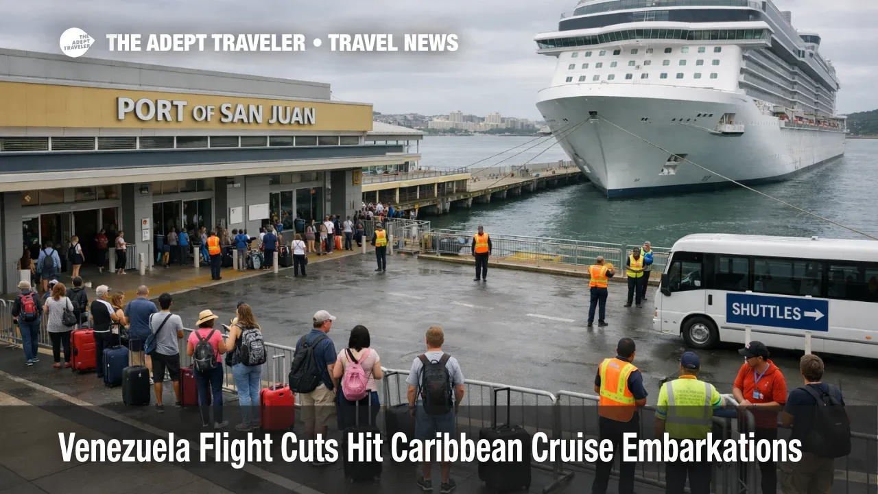 Caribbean cruise missed embarkations, travelers queue at Port of San Juan as flights disrupt sailings