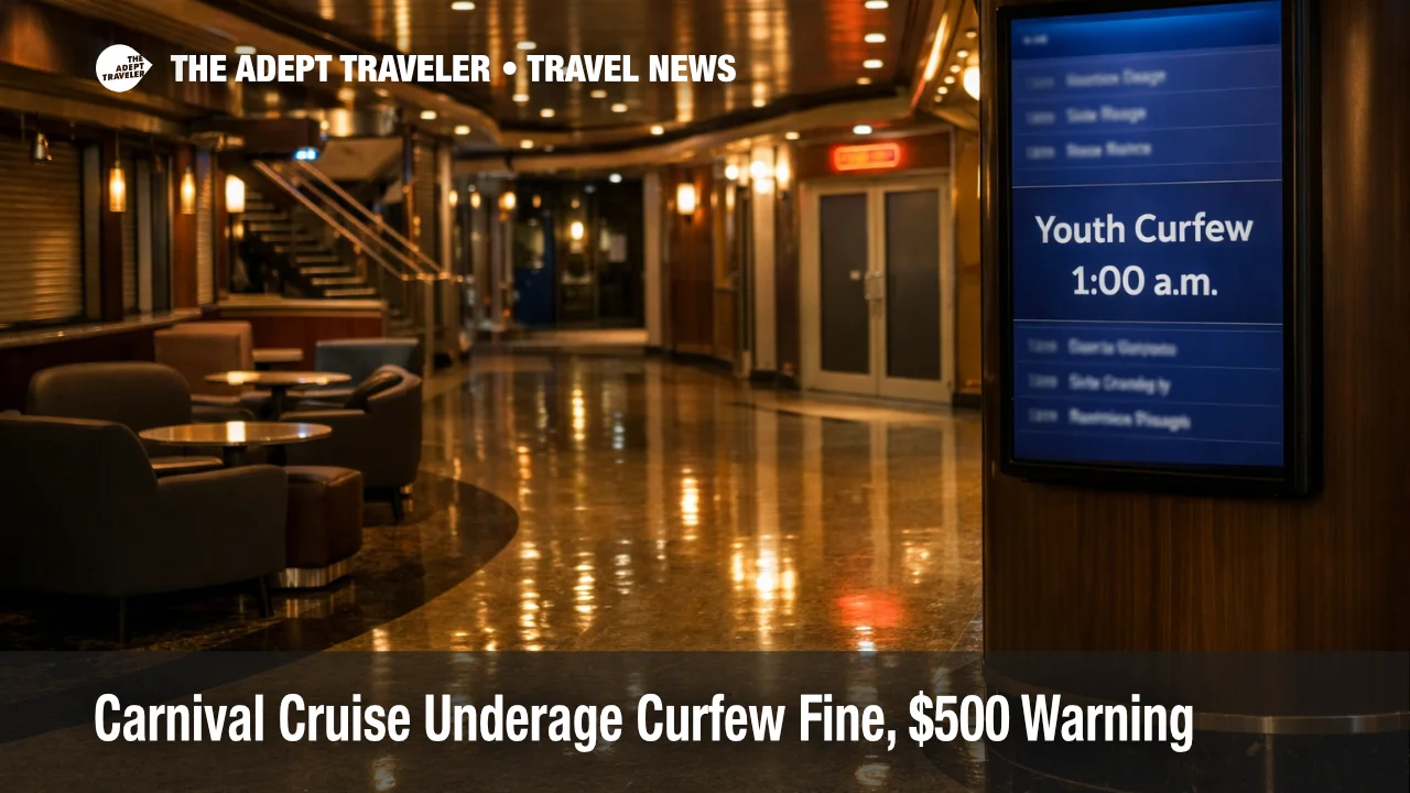 Carnival youth curfew fine policy shown on a quiet ship promenade at night, signaling the 1:00 a.m. cutoff