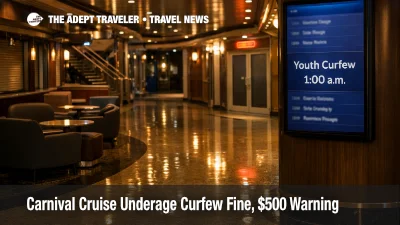 Carnival youth curfew fine policy shown on a quiet ship promenade at night, signaling the 1:00 a.m. cutoff