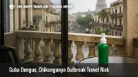 Cuba dengue chikungunya outbreak, repellent on a screened Havana hotel balcony signals higher mosquito bite risk