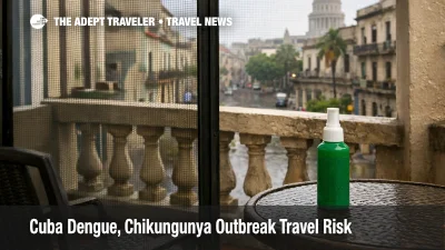 Cuba dengue chikungunya outbreak, repellent on a screened Havana hotel balcony signals higher mosquito bite risk