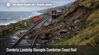 Cumbria landslip rail disruption on the Cumbrian Coast Line shows mud on tracks near Drigg and Seascale