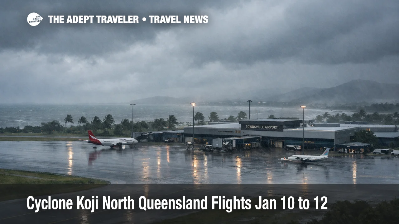 Cyclone Koji North Queensland flights disrupted, wet runway and low cloud over Townsville Airport as closures and delays begin