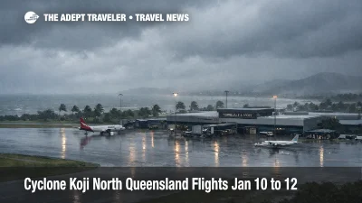 Cyclone Koji North Queensland flights disrupted, wet runway and low cloud over Townsville Airport as closures and delays begin