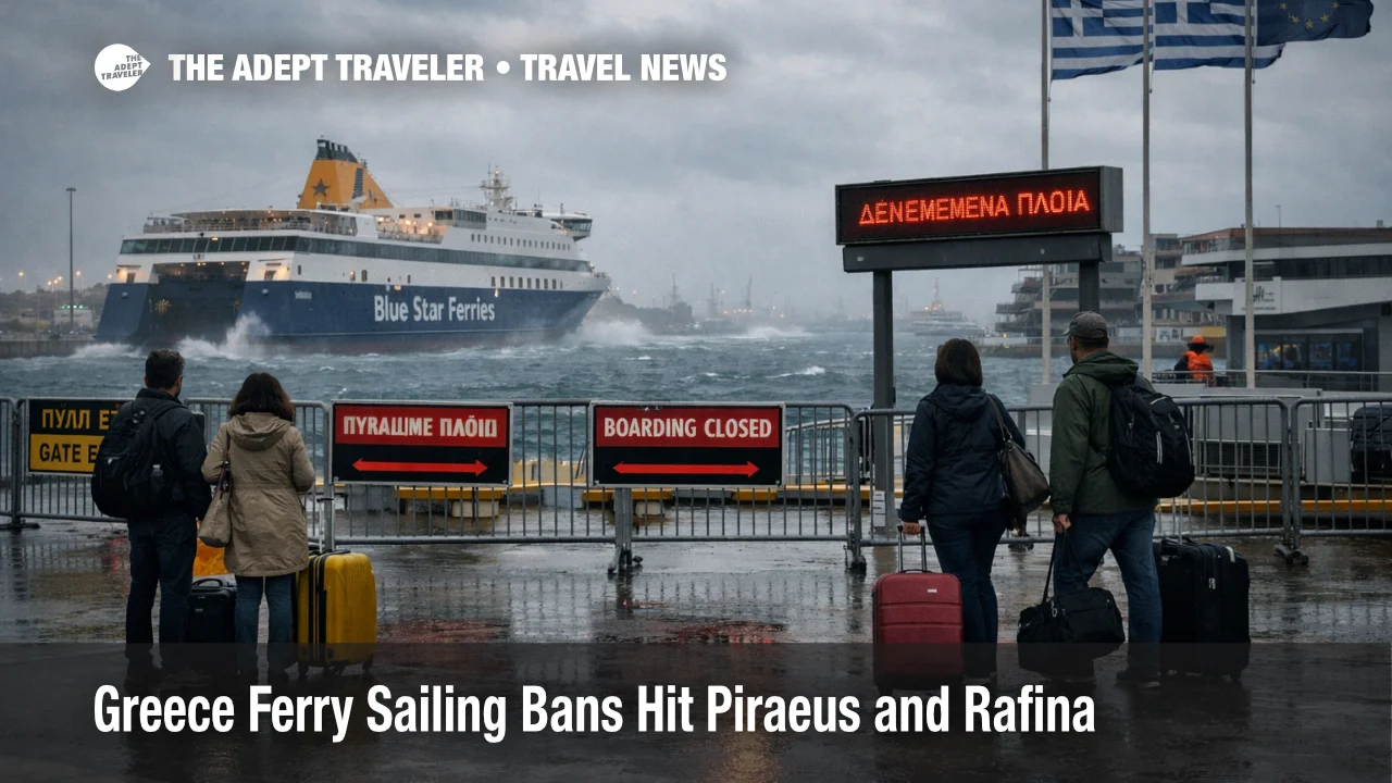 Greece ferry sailing bans leave travelers waiting at Piraeus terminal as gale winds halt island departures