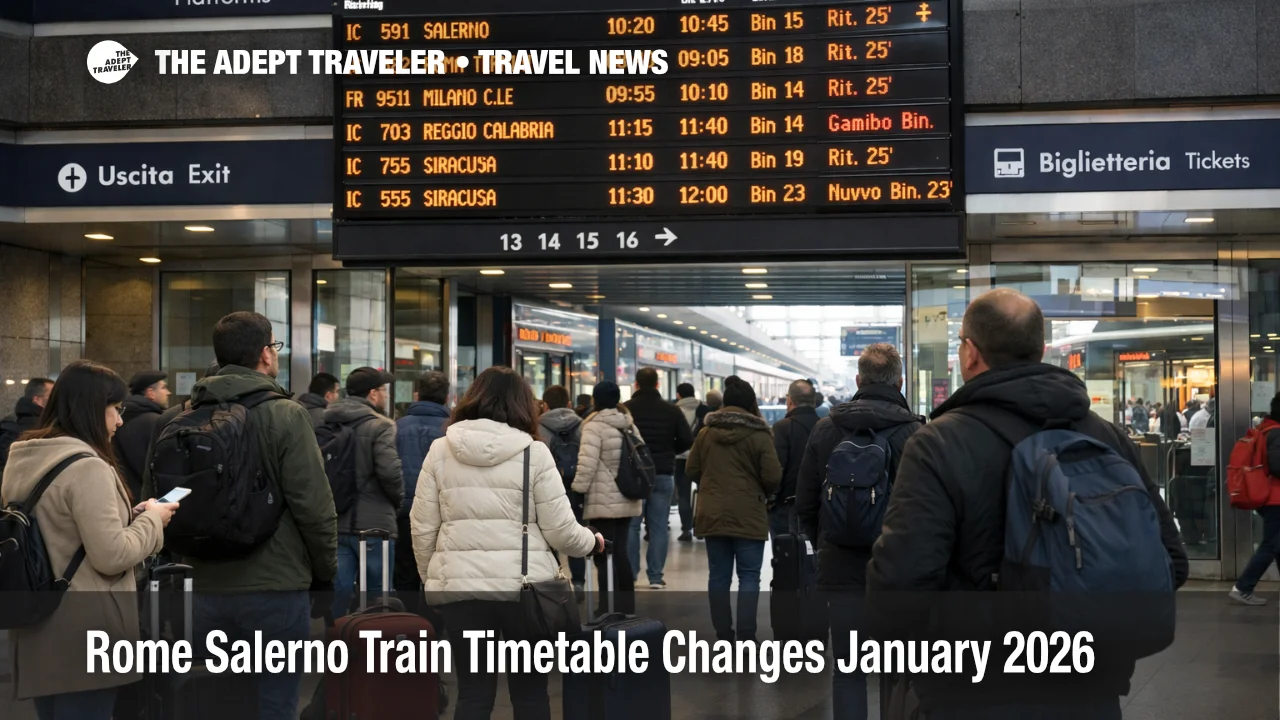 Rome Salerno train timetable changes shown on a Napoli Centrale board during January 2026 rail works