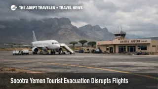 Socotra tourist evacuation flights, a lone jet sits at Socotra Airport as travelers face uncertain departures