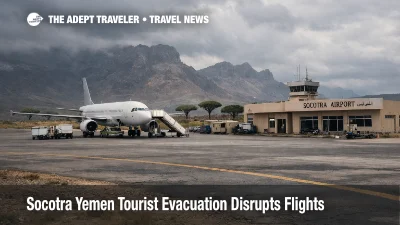 Socotra tourist evacuation flights, a lone jet sits at Socotra Airport as travelers face uncertain departures