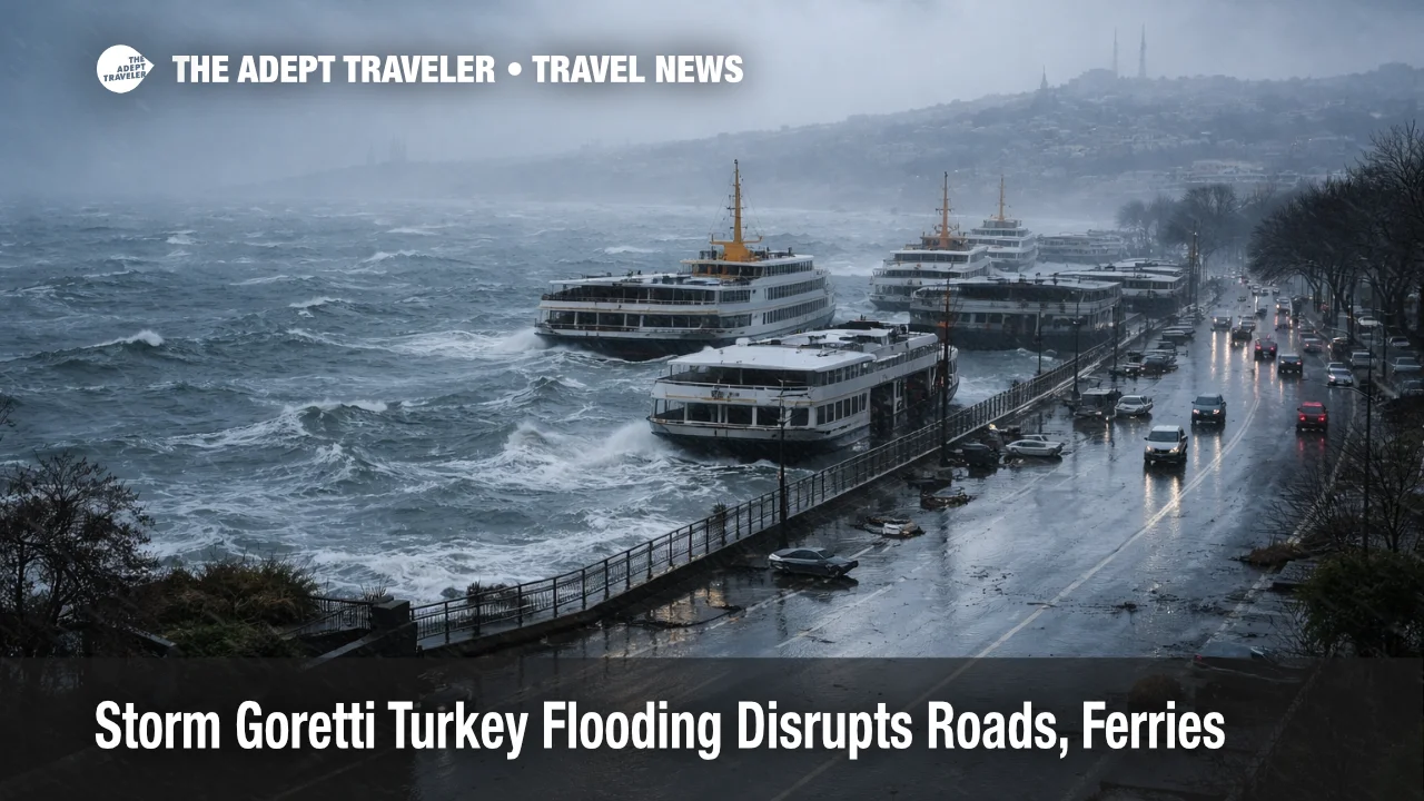 Storm Goretti Turkey flooding strands Istanbul ferries, rough Bosphorus seas and wet roads show disrupted crossings