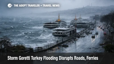 Storm Goretti Turkey flooding strands Istanbul ferries, rough Bosphorus seas and wet roads show disrupted crossings