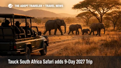 Tauck South Africa Victoria Falls safari, game drive vehicle watches elephants in Greater Kruger at sunset