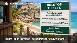 Tulum ruins entrance fee shown at an official ticket sign, with the coastal ruins and sea behind, highlighting higher 2026 costs