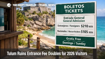 Tulum ruins entrance fee shown at an official ticket sign, with the coastal ruins and sea behind, highlighting higher 2026 costs