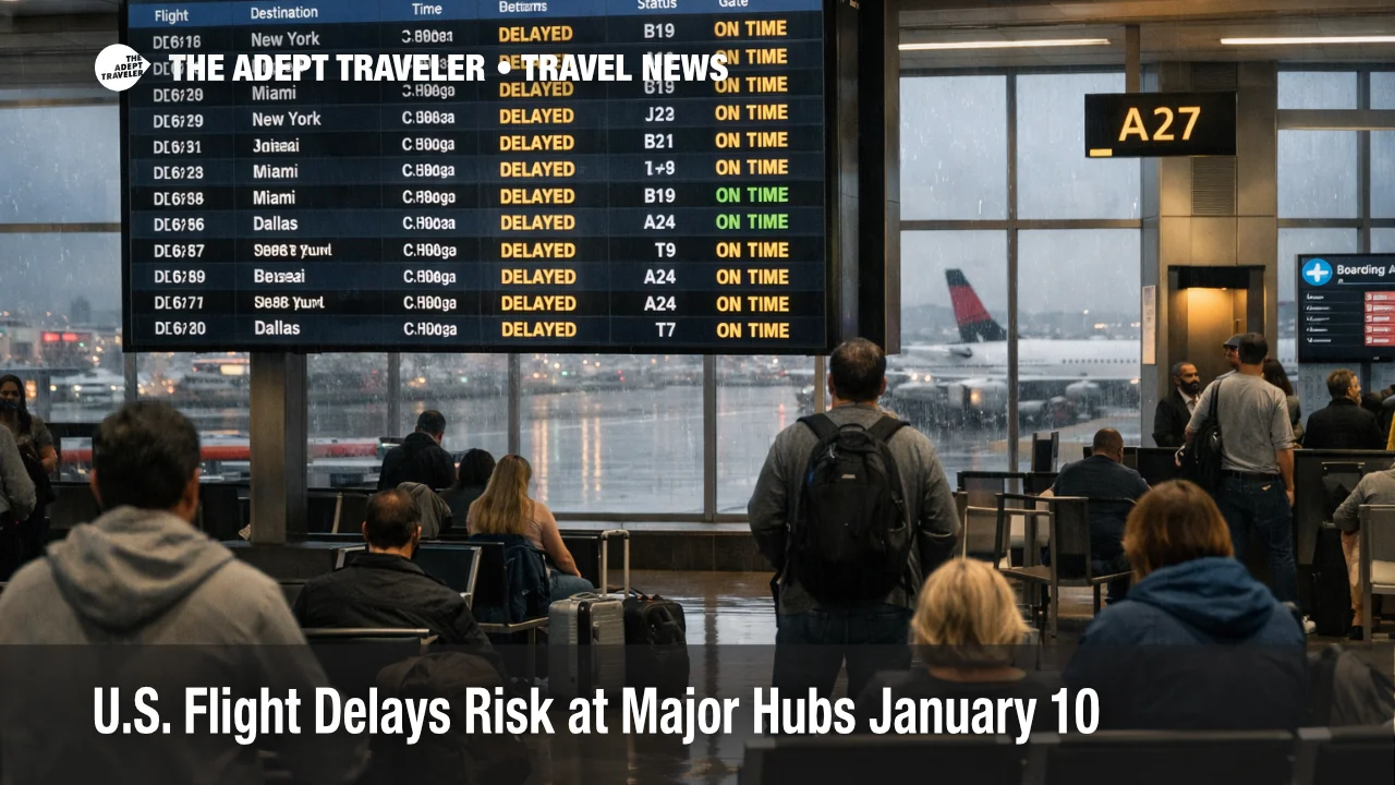 U.S. flight delays January 10, 2026 show on an ATL departures board as storms threaten connections