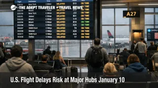 U.S. flight delays January 10, 2026 show on an ATL departures board as storms threaten connections