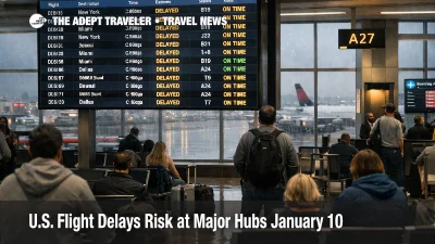 U.S. flight delays January 10, 2026 show on an ATL departures board as storms threaten connections