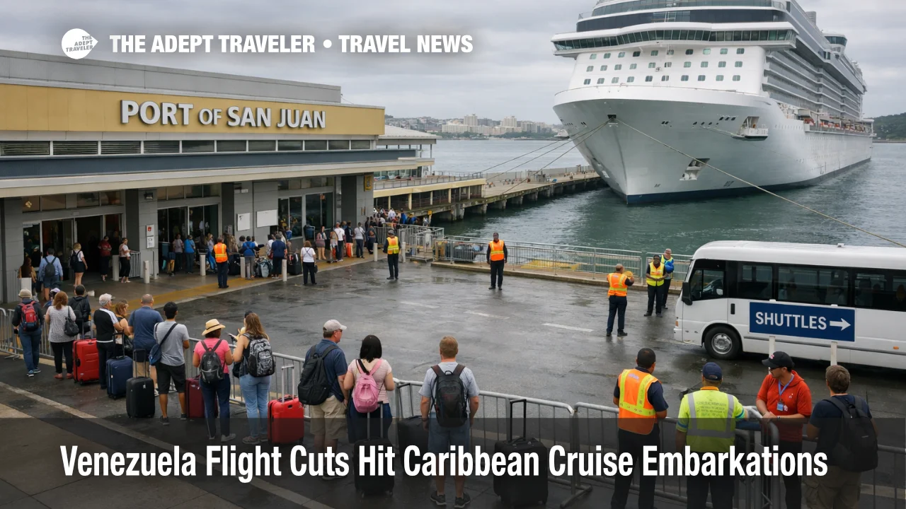 Caribbean cruise missed embarkations, travelers queue at Port of San Juan as flights disrupt sailings