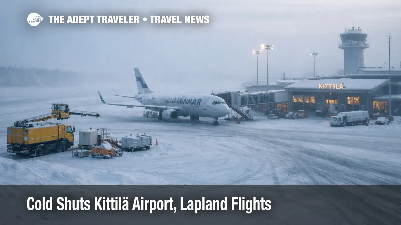 Kittilä Airport cold cancellations shown on a snowy ramp, with idle de icing gear and grounded aircraft in Arctic haze