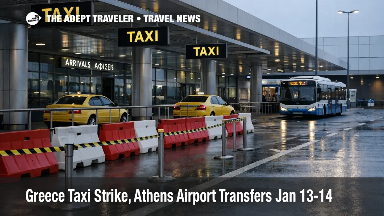 Greece taxi strike airport transfers, empty taxi rank at Athens Airport as travelers shift to express buses