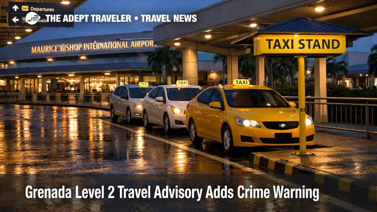 Grenada Level 2 travel advisory, airport taxi stand at Maurice Bishop, evening lighting underscores safer transfer planning