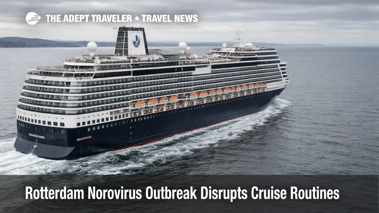 Rotterdam norovirus outbreak prompts onboard controls as the ship sails at sea under gray skies