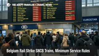 Belgium rail strike SNCB minimum service shown on Brussels Midi departures board with cancellations and queues.