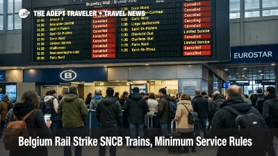 Belgium rail strike SNCB minimum service shown on Brussels Midi departures board with cancellations and queues.
