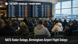 Birmingham Airport NATS radar outage shown on terminal boards with delayed flights and waiting passengers inside BHX