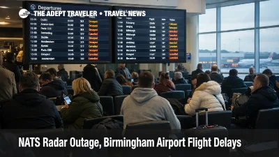Birmingham Airport NATS radar outage shown on terminal boards with delayed flights and waiting passengers inside BHX