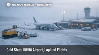 Kittilä Airport cold cancellations shown on a snowy ramp, with idle de icing gear and grounded aircraft in Arctic haze