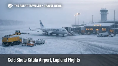 Kittilä Airport cold cancellations shown on a snowy ramp, with idle de icing gear and grounded aircraft in Arctic haze