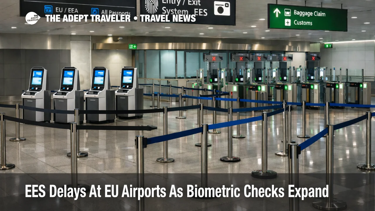 EES delays EU airports shown by biometric kiosks and queue barriers at Lisbon Humberto Delgado Airport passport control