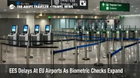 EES delays EU airports shown by biometric kiosks and queue barriers at Lisbon Humberto Delgado Airport passport control