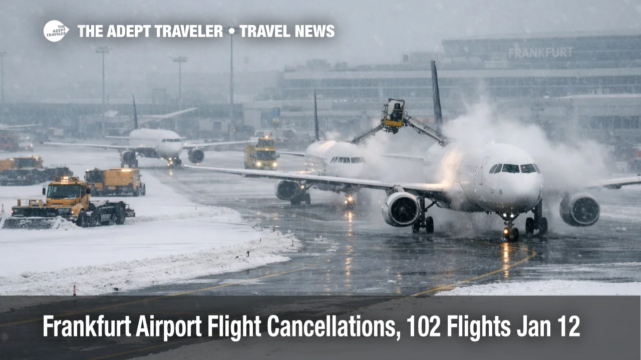 Frankfurt Airport flight cancellations after snowfall, aircraft queue for deicing on a snowy apron at FRA