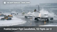 Frankfurt Airport flight cancellations after snowfall, aircraft queue for deicing on a snowy apron at FRA