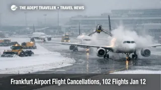 Frankfurt Airport flight cancellations after snowfall, aircraft queue for deicing on a snowy apron at FRA
