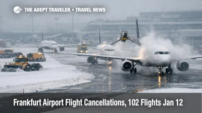 Frankfurt Airport flight cancellations after snowfall, aircraft queue for deicing on a snowy apron at FRA