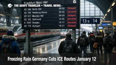 Germany freezing rain ICE routes show delays on a Frankfurt Hauptbahnhof board, with travelers waiting on icy platforms