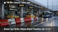 Greece taxi strike airport transfers, empty taxi rank at Athens Airport as travelers shift to express buses