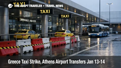 Greece taxi strike airport transfers, empty taxi rank at Athens Airport as travelers shift to express buses