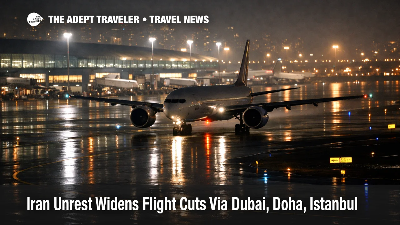 Wide body jet taxis at night amid Iran flight cuts via Dubai, Doha, Istanbul, signaling volatile regional schedules