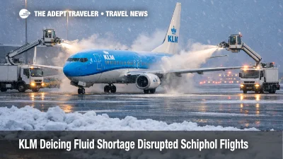 KLM deicing fluid Schiphol disruption, jets being sprayed by deicing trucks at AMS during winter cancellations