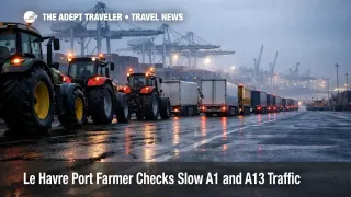 Tractors and queued trucks at Le Havre port farmer checks, signaling delays on Normandy road transfers